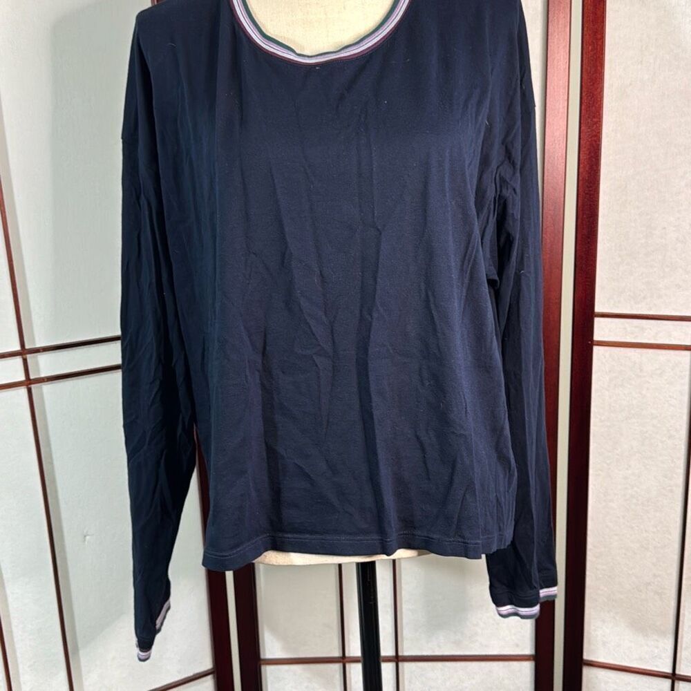 Bombas Navy Blue Long Sleeve top with multi color striped collar and cuffs